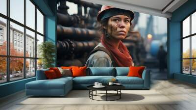 A woman in a uniform and a helmet, a working specialist at a gas production plant. Wall mural