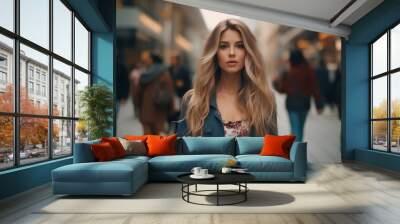 A young woman walking in a modern city, a photo of a pretty cute lady. Wall mural