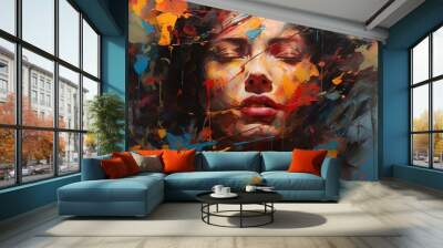 Abstract oil painting, colorful lady's face, oil paint strokes, paint texture applied with a brush, art painting. Wall mural