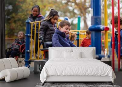 Children with disabilities play together with other children, an inclusive playground Wall mural