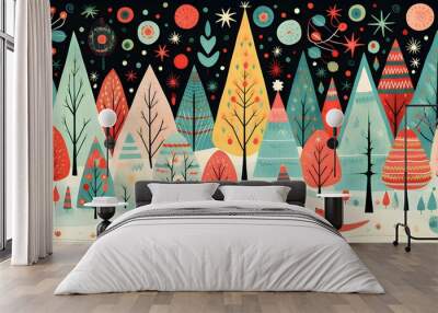 Christmas illustration, winter night forest with colorful trees and nature. Wall mural