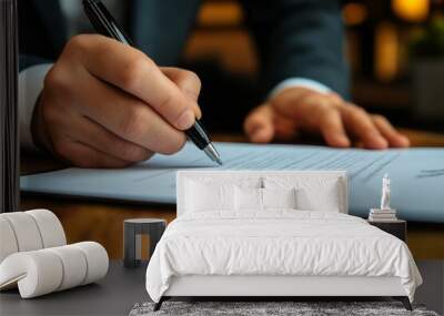 Close-up of a hand signing an important legal document on a table Wall mural