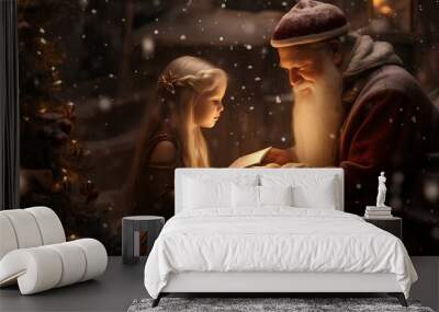 Fabulous Christmas illustration, girls and Santa reading a book. Wall mural