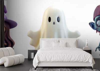 Halloween characters, ghost, witch, pumpkin with carved face, zombie and vampire in 3d cartoon style Wall mural