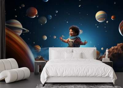 Illustration of a fantastic planetarium with a child, with planets and stars, space and galaxies. Wall mural