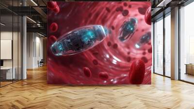 Miniature capsule-shaped robots float through red blood vessels, avoiding blood cells and maneuvering between plasma Wall mural