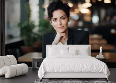 Portrait of a stylish businesswoman in a cafe. Wall mural