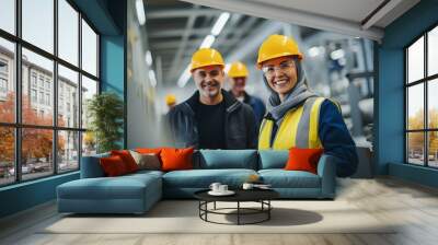 Smiling workers, a woman and a man in helmets and uniforms at an oil and gas plant. Wall mural