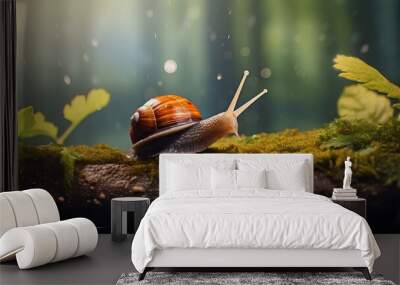 Snail crawling along a tree trunk in the forest. Wall mural