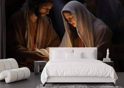 The Nativity of Christ, Joseph and Mary at the cradle of the infant Jesus Christ. Wall mural