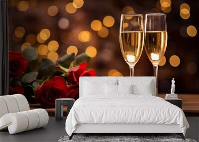 Two glasses of champagne with red roses on the table on a golden background with a side Wall mural