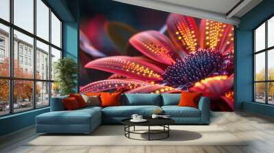 A close-up of a genetically engineered flower, vibrant petals with embedded solar cells, exuding a subtle glow Wall mural