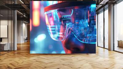 A close-up of a human face wearing augmented reality glasses, concentrating, viewed from a front angle, in a futuristic urban setting Wall mural