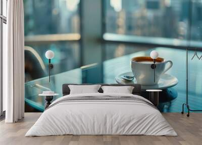 A close-up of an espresso cup, rich dark coffee with a spoon on the saucer, placed on a modern glass table by a window Wall mural