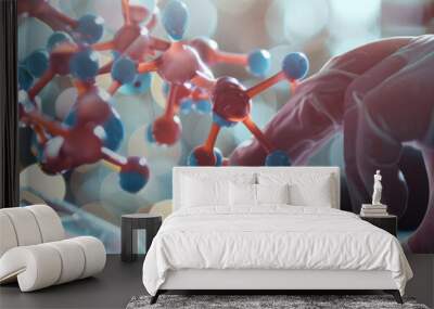 A detailed 3D rendering of a complex molecular structure with colorful atoms connected by bonds, representing scientific molecular research. Wall mural