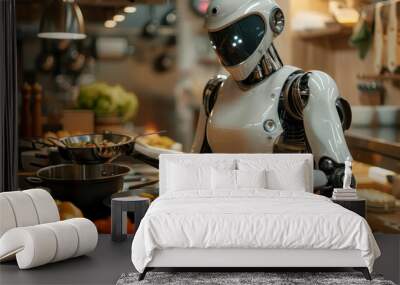 A futuristic robot chef preparing a meal with fresh vegetables in a steamy, modern kitchen environment. Wall mural