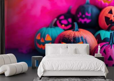 A group of painted pumpkins with colorful designs, glowing softly, close-up, Halloween party, cheerful, neon lights, vibrant atmosphere, closes up Wall mural