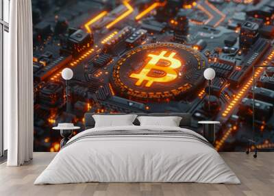 A physical Bitcoin coin on an illuminated electronic circuit board, symbolizing the intersection of traditional currency and digital technology.. Wall mural