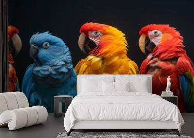 A vibrant gathering of parrots, featuring both red and blue macaws, engaging in social preening. Wall mural