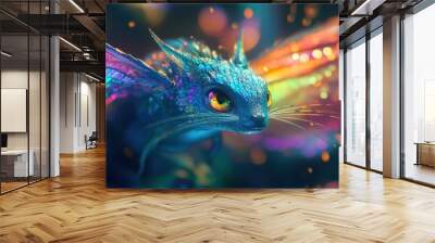 Close-up of a playful imaginary animal with rainbow-colored scales, glowing whiskers, and delicate fairy wings, surrounded by soft light. Wall mural