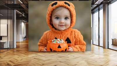 Close-up of a toddler in a glowing pumpkin costume, holding a small candy bucket, soft warm light, cute and cheerful, Halloween night, closes up Wall mural