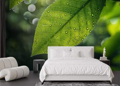 Close-up of Leaf with Water Droplets.. Wall mural