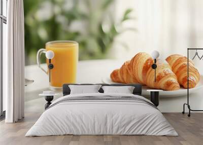 Croissants and juice on white table, simple breakfast scene, 3D illustration Wall mural