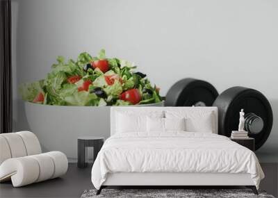 Dumbbells next to a bowl of salad, fitness and diet, 3D illustration Wall mural