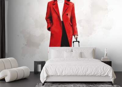 Fashionable woman with a rolling suitcase, elegant outfit, modern illustration, isolated on white background Wall mural