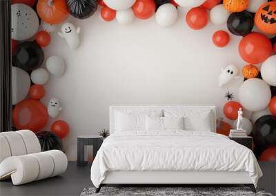 Halloween-themed balloon arch with pumpkins and ghosts, party decorations, 3D illustration ,closes up Wall mural