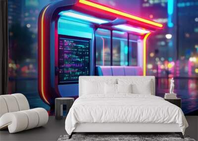 High-tech bus stop with touchscreens displaying real-time traffic data, glowing neon edges, and self-cleaning benches in a modern cityscape Wall mural