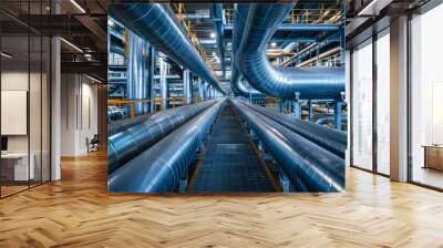 Intricate array of interwoven metal pipelines and tubes in an industrial facility, showcasing complexity and industrial engineering.. Wall mural