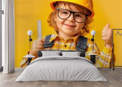 Portrait photography of a cute little professional, smiling cute little Cashier with a bill, showing thumb-up, on yellow pastel color background, editorial style Wall mural