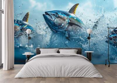 tuna fish bursts energetically from the ocean, silhouetted against a golden sunset, surrounded by sparkling water droplets. Wall mural