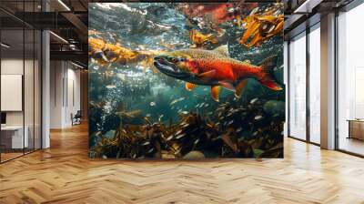 Vibrant Red Sockeye Salmon School Underwater. Wall mural