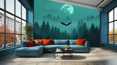 Witch flying over a haunted forest, full moon, dark shadows, 3D illustration Wall mural