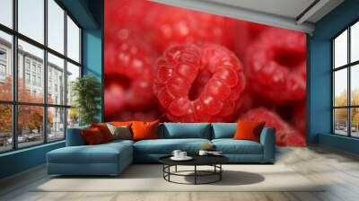 Fresh red cultivated ripe raspberries and currant berries, healthy food texture background angle view macro rubus phoenicolasius family rosaceae big size high quality botanical prints Wall mural