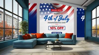 Happy 4th of July Sale template, set of abstract backgrounds waving USA flag background, fourth july sale, banner, posters, cover design templates, social media wallpaper stories Wall mural