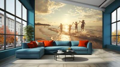 happy family of four, a mother and father with two children playing on the beach at sunset, jumping into the water during their summer vacation Wall mural