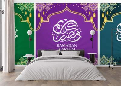 Islamic ornament template for background, banner, poster, cover design, envelope, social media feed. Ramadan Kareem and eid mubarak 2023 concept, blue background, muslim lantern, pattern Wall mural