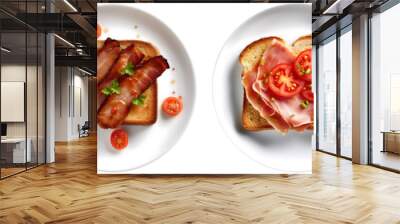 Toast bread with pork belly, egg, ham, sausage on white plate, top view with transparent background, smooth blur edge, Generative AI Wall mural