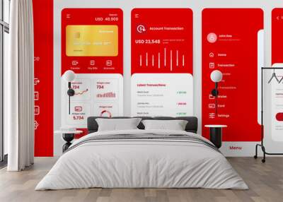 Banking app mobile interface user interface layout screen application design in red color gold card Wall mural