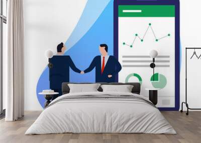 Business man hand shake with big smart phone shows analytics chart data pie financial information on screen. Wall mural