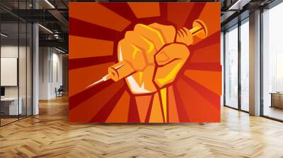 covid-19 vaccination poster hand holding vaccine syringe symbol of fighting pandemic red background design Wall mural