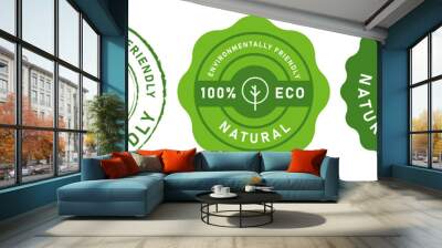 Eco friendly naturally sourced 100 percent eco environmentally friendly stamp symbol seal tree icon green sticker Wall mural