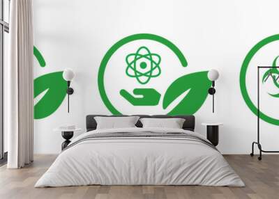 Hazardous biological biohazard atomic radioactive green leaf leaves set icon of green safe eco friendly symbol Wall mural