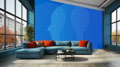 head binary number symbol of artificial intelligence thinking digital technology blue background zero and one Wall mural