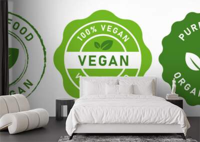 vegan food stamp label for vegetarian green leaf circle seal sticker vector graphic isolated set Wall mural