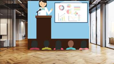 woman girl female give presentation presenting chart report speech in front of audience vector illustration Wall mural