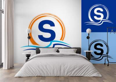 Initial S monogram letter with water ocean waves and the sun. Beach logo design concept Wall mural